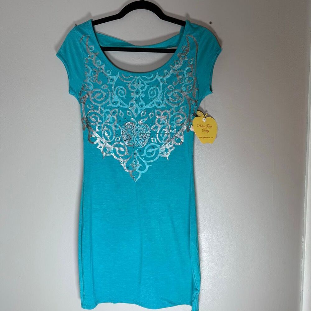 NWT Apple Bottoms Turquoise Rhinestone Scoop Back Mini Dress – Y2K McBling Glam